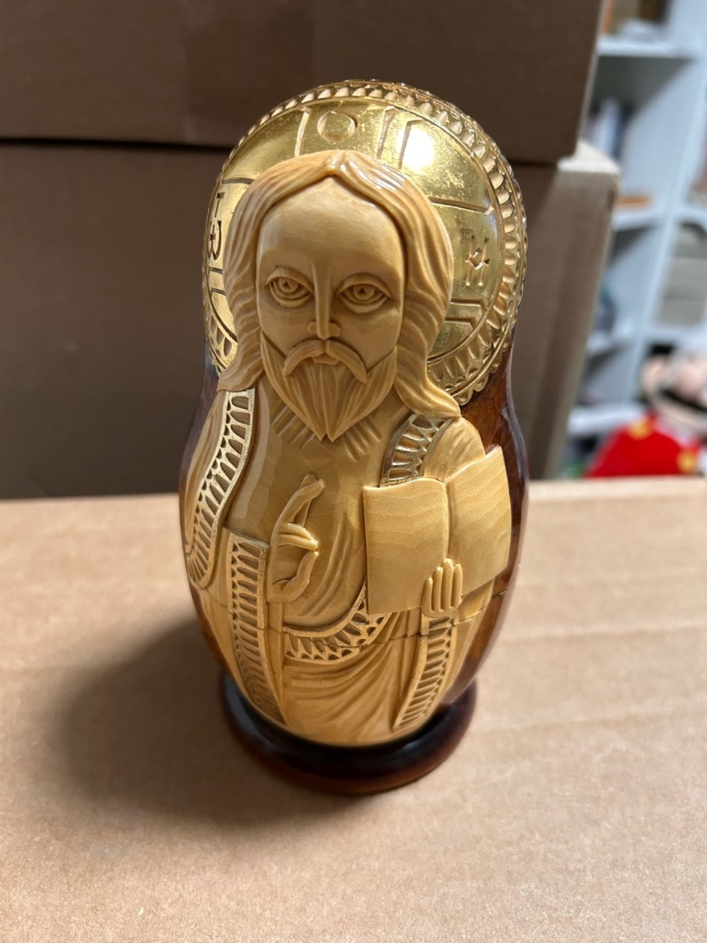 Hand-Carved Wooden Religious Matryoshka Doll in Gold and Natural Wood Tones